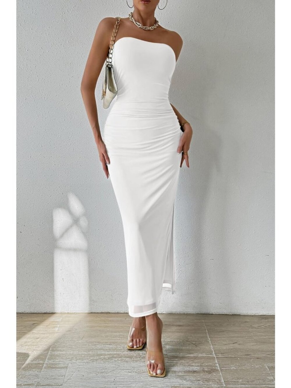 Women's White Strapless Bodycon Floral Maxi Dress Ruched Slit Party Gown - Picture 4 of 6